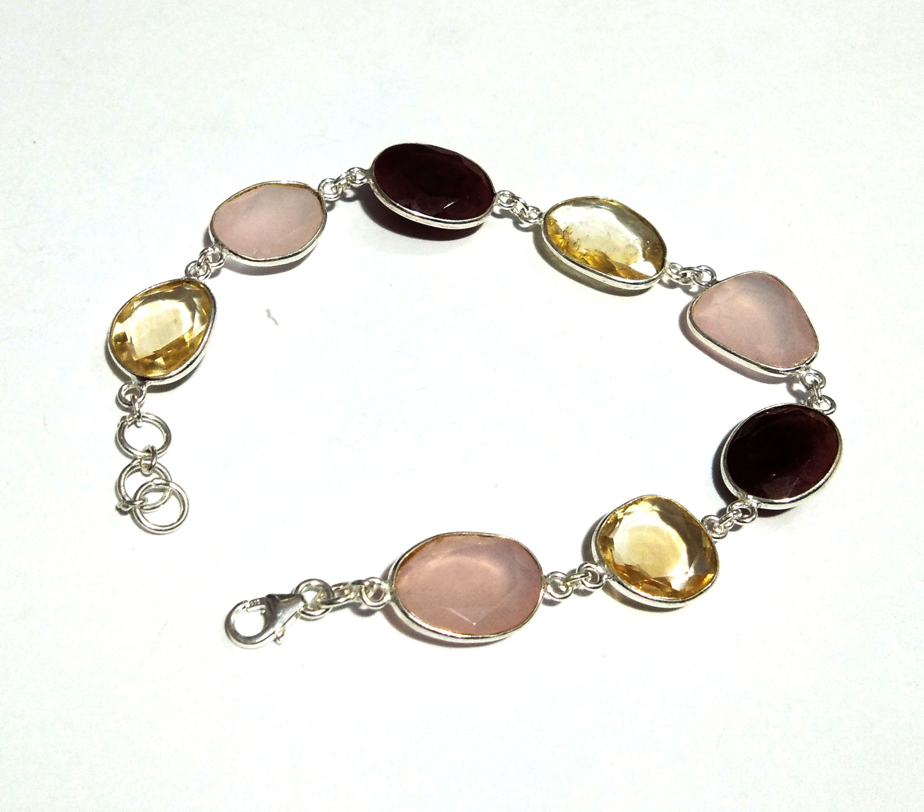 Natural Red Ruby/Rose Quartz/Lemon Quartz Gemstone Bracelet, 925 Sterling Silver Bracelet 8 inches Stone Size 16x14 mm Gift Wedding Bracelet